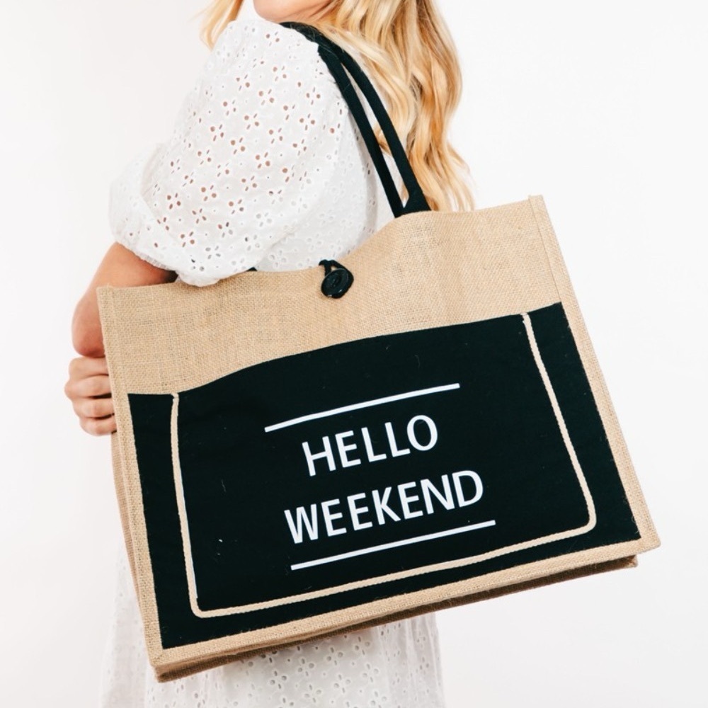 Fame Hello Weekend Burlap Tote Bag - Picture 6 of 8